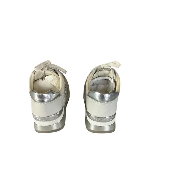 Michael Kors Womens Allie Lace Up Trainers 7M Beige & Metallic MK Monogram - Picture 2 of 16